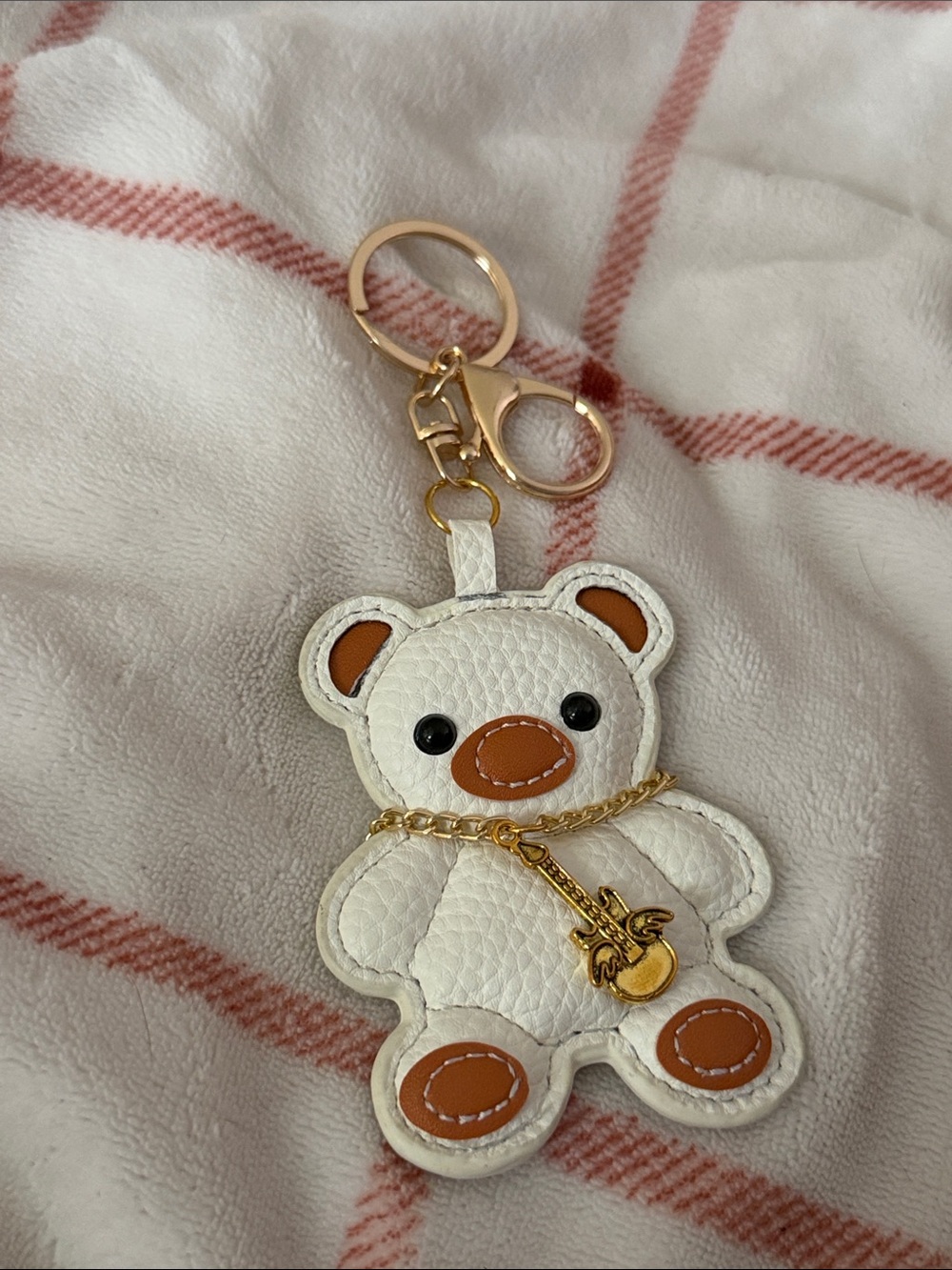 White & Brown Teddy Bear Keychain Bag Charm with Gold Accent
